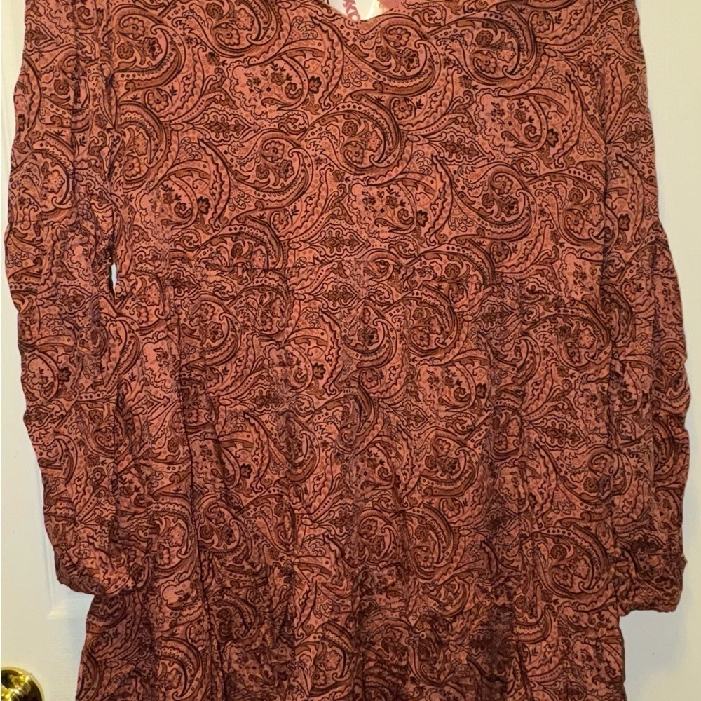 Lucky Brand Paisley Babydoll Dress Womens Large Boho Long Sleeve NWT